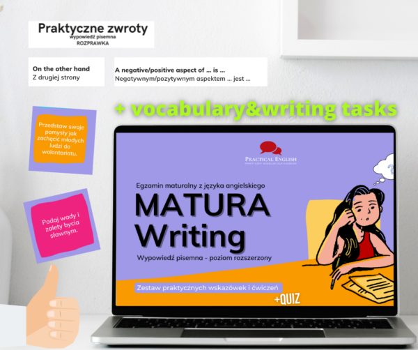 Matura Writing poziom rozszerzony – Zestaw praktycznych wskazówek i ćwiczeń do wypowiedzi pisemnej +quiz i zwroty